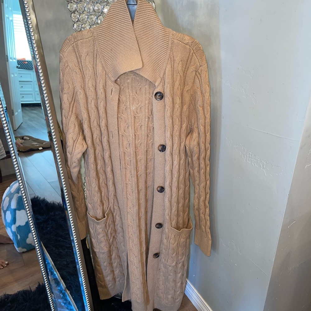 Long Cable Knit Cardigan Sweater Coatigan in Camel
